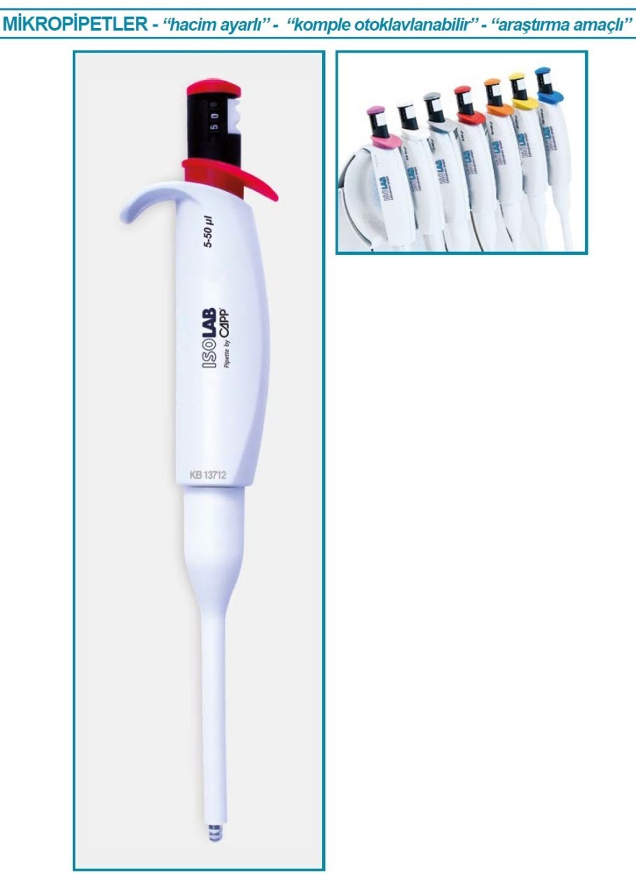 İSOLAB 011.20.050 otomatik pipet - tek kanal - otoklavlanabilir - araştırma - 5-50 ul (1 adet)