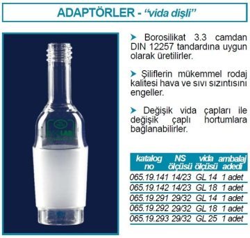 İSOLAB 065.19.141 adaptör - vida dişli - musluksuz -düz-cam -erkek şilif: NS 14/23 - GL 14 (1 adet)