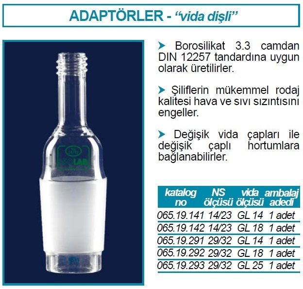 İSOLAB 065.19.142 adaptör - vida dişli - musluksuz -düz-cam -erkek şilif: NS 14/23 - GL 18 (1 adet)
