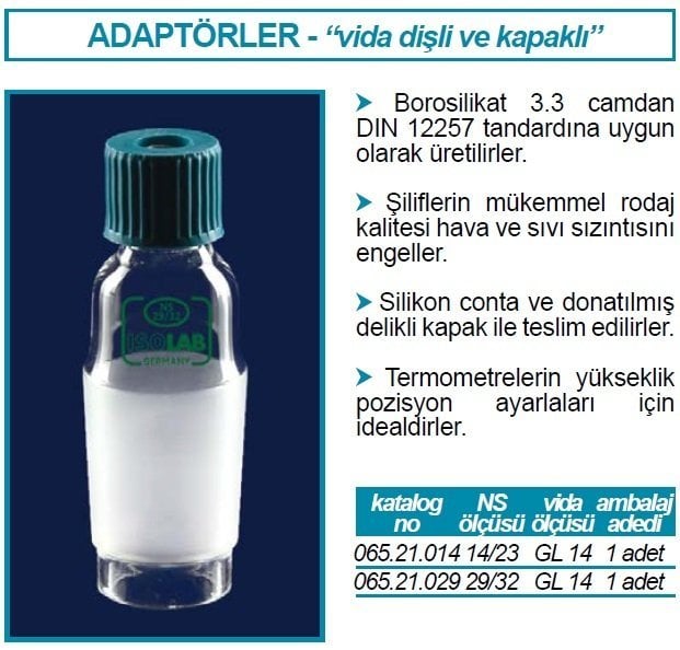 İSOLAB 065.21.014 adaptör -vida kapaklı-termometre için-düz- çap 6-8mm - NS 14/23 - GL 14 (1 adet)