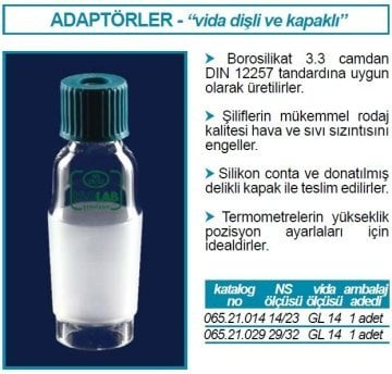 İSOLAB 065.21.014 adaptör -vida kapaklı-termometre için-düz- çap 6-8mm - NS 14/23 - GL 14 (1 adet)