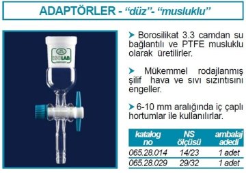 İSOLAB 065.28.014 adaptör - düz - musluklu - çap 8 mm - dişi şilif : NS 14/23 (1 adet)