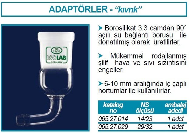 İSOLAB 065.27.029 adaptör - eğimli - musluksuz - çap 10 mm - dişi şilif : NS 29/32 (1 adet)