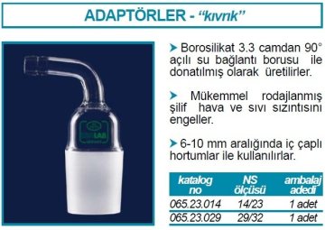 İSOLAB 065.23.029 adaptör - nozül - eğimli - musluksuz - çap 10 mm - erkek şilif: NS 29/32 (1 adet)
