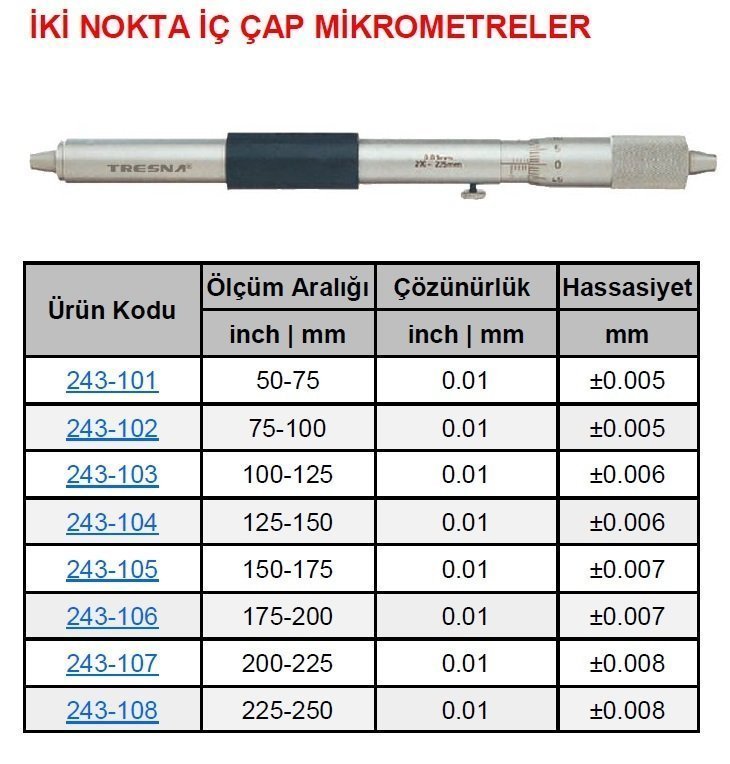 İki Nokta Mekanik İç Çap Mikrometre 125-150mm