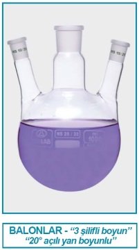 İSOLAB 030.41.250 balon - dibi yuvarlak - 3 boyunlu - yan dişi şilif - merkez boyun : NS 29/32 - yan boyun(lar) : NS 29/32 - 250 ml (1 adet)