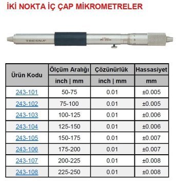 İki Nokta Mekanik İç Çap Mikrometre 200-225mm