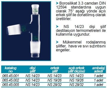 İSOLAB 065.45.002 adaptör -distilasyon- dişi şilif NS14/23 - erkek NS19/26 - açılı:NS19/26 (1 adet)