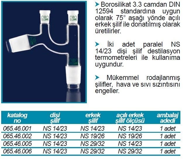 İSOLAB 065.46.001 adaptör -distilasyon-Claisen- dişi:NS14/23-erkek:NS14/23-açılı:NS14/23 (1 adet)