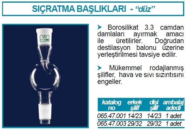 İSOLAB 065.47.001 adaptör - sıçratma tutucu - düz - dişi: NS 14/23 - erkek: NS 14/23 (1 adet)