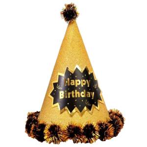 Ponponlu Happy Birthday Şapka Gold
