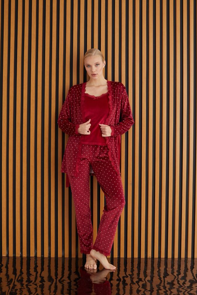 Pijamoni Kadın Kadife Bordo Üçlü Pijama Takım