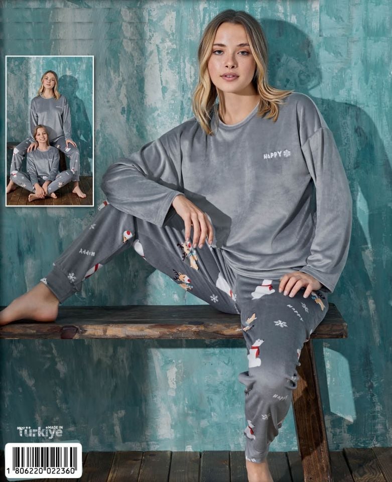 Kadın Kışlık Kar Temalı Kadife Pijama Takım