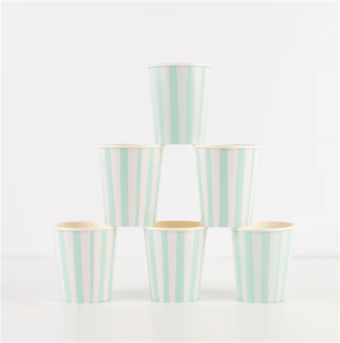 Meri Meri - Mint Stripe Cups - Mint Çizgili Bardaklar - 8'li