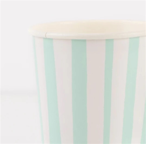 Meri Meri - Mint Stripe Cups - Mint Çizgili Bardaklar - 8'li