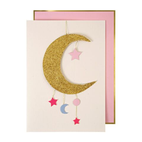 Meri Meri - Baby Moon Mobile Card - Ay & Yıldız Tebrik Kartı - Pembe