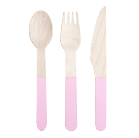 Meri Meri - Pink Wooden Cutlery Set - Pembe Tahta Çatal-Kaşık-Bıçak Set
