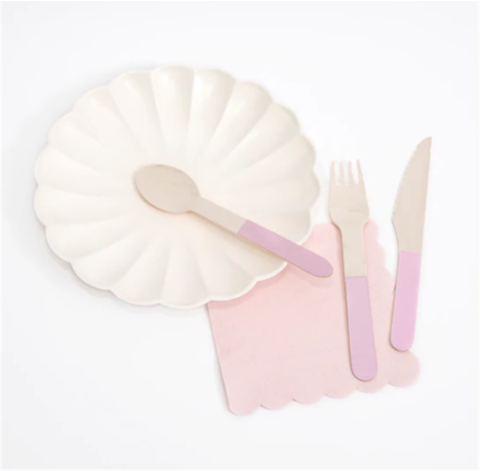 Meri Meri - Pink Wooden Cutlery Set - Pembe Tahta Çatal-Kaşık-Bıçak Set