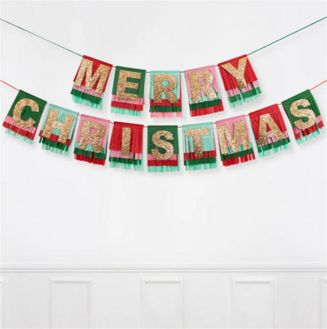 Meri Meri - Merry Christmas Fringe Garland - Merry Christmas Püsküllü Asılan Süs