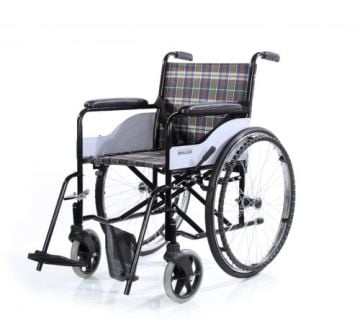 W210 Manuel Tekerlekli Sandalye Şık ekose kumaş kaplama emniyet kemerleri ve fren düzeneği