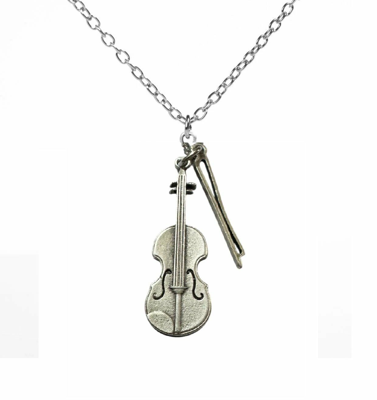 Keman Violin ve Keman Yayı Kolye Erkek Kadın Antik Gümüş Kaplama 60 cm Zincir