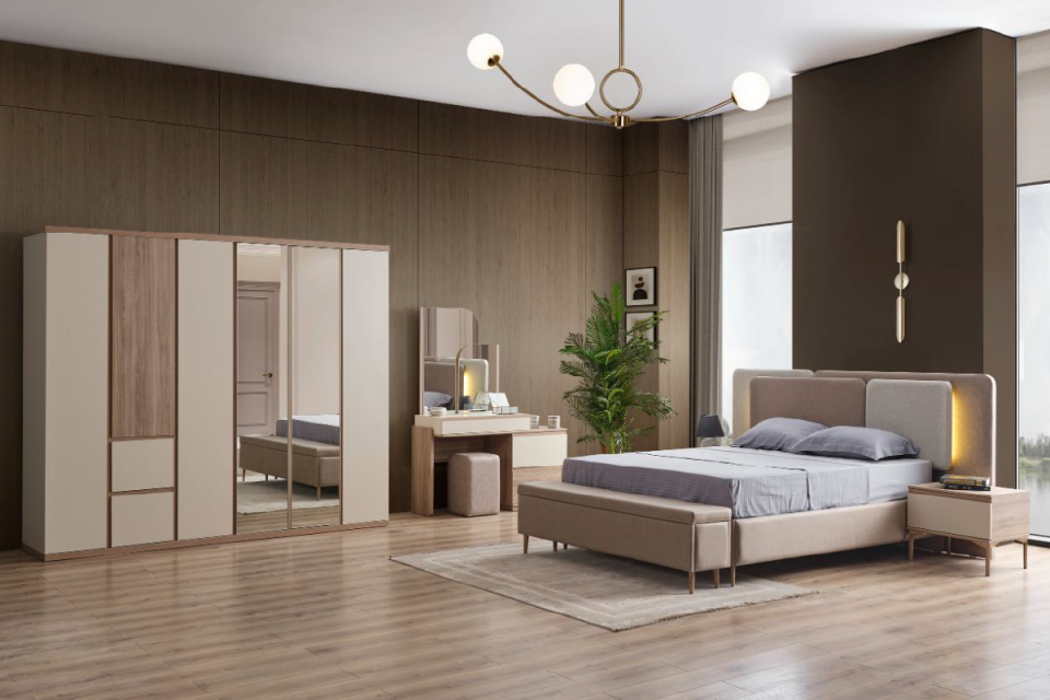BİEN YATAK ODASI Gardırop + Şifonyer & Ayna + 2 Komodin + Baza & Başlık