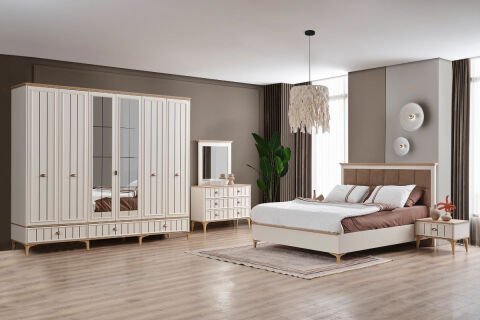 BELLA YATAK ODASI Gardırop + Şifonyer & Ayna + 2 Komodin + Başlık