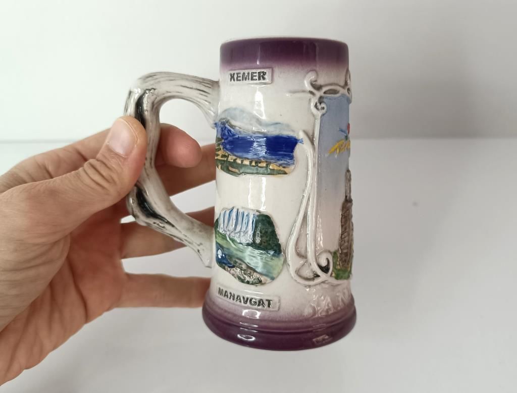 seramik bira bardağı kupa antalya görselli meşrubat su bardağı kulplu hediye