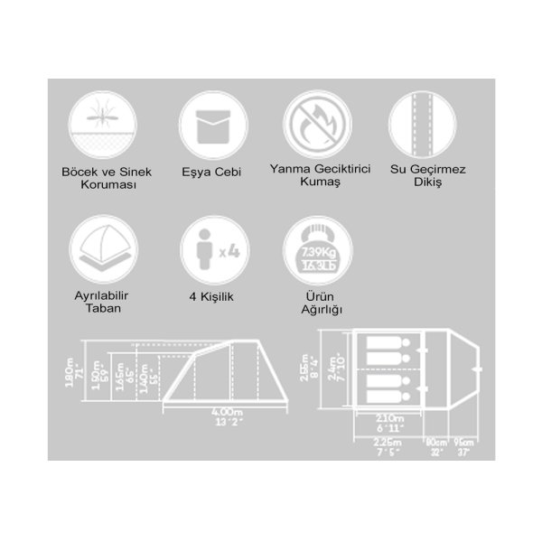 Pavillo 68092 Family Dome 4 Kişilik Çadır (305*95*255*180cm)