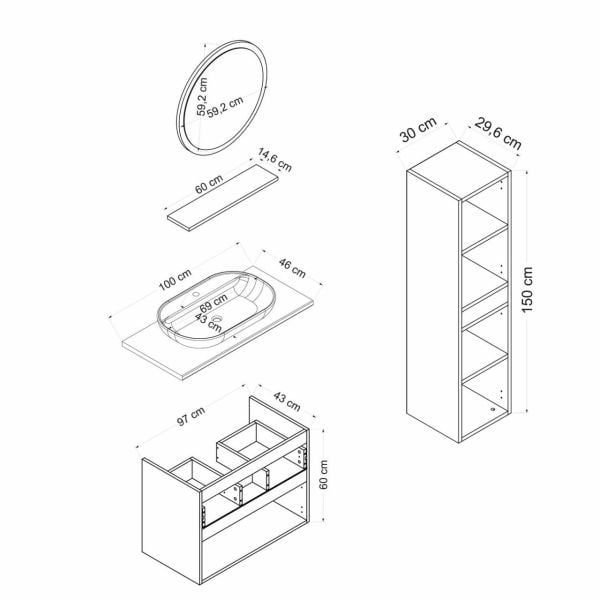 Minar Banyo Dolabı 100Cm As2K1Ç+1Ya1R+Tzg+Boy Beyaz