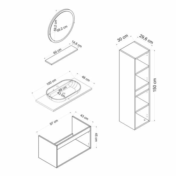 Minar Bathroom Cabinet 100Cm As2K+1Ya1R+Tzg+Length White