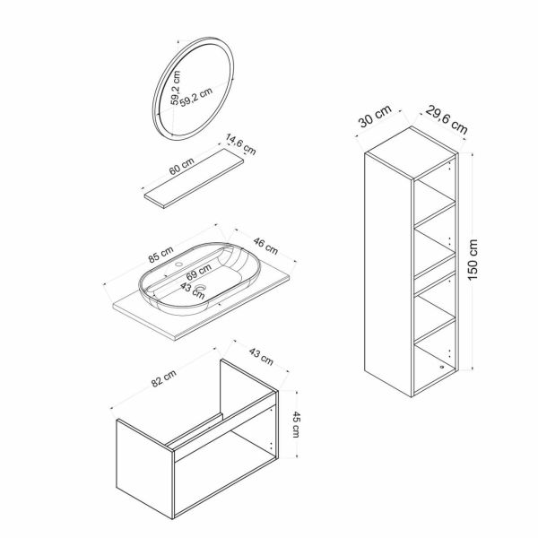 Minar Banyo Dolabı 85Cm As2K+1Ya1R+Tzg+Boy Beyaz