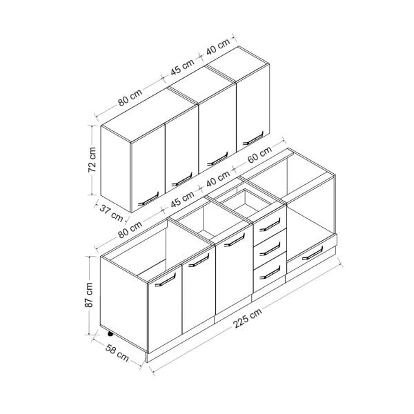 Minar 225 Cm White Kitchen Cabinet Anthracite 225-A6