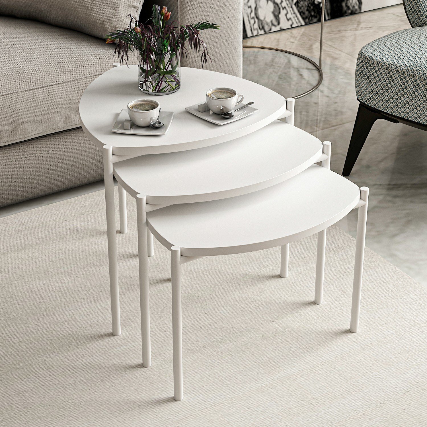 Minar Lenny 3 Pcs Nesting Table with Metal Legs - White