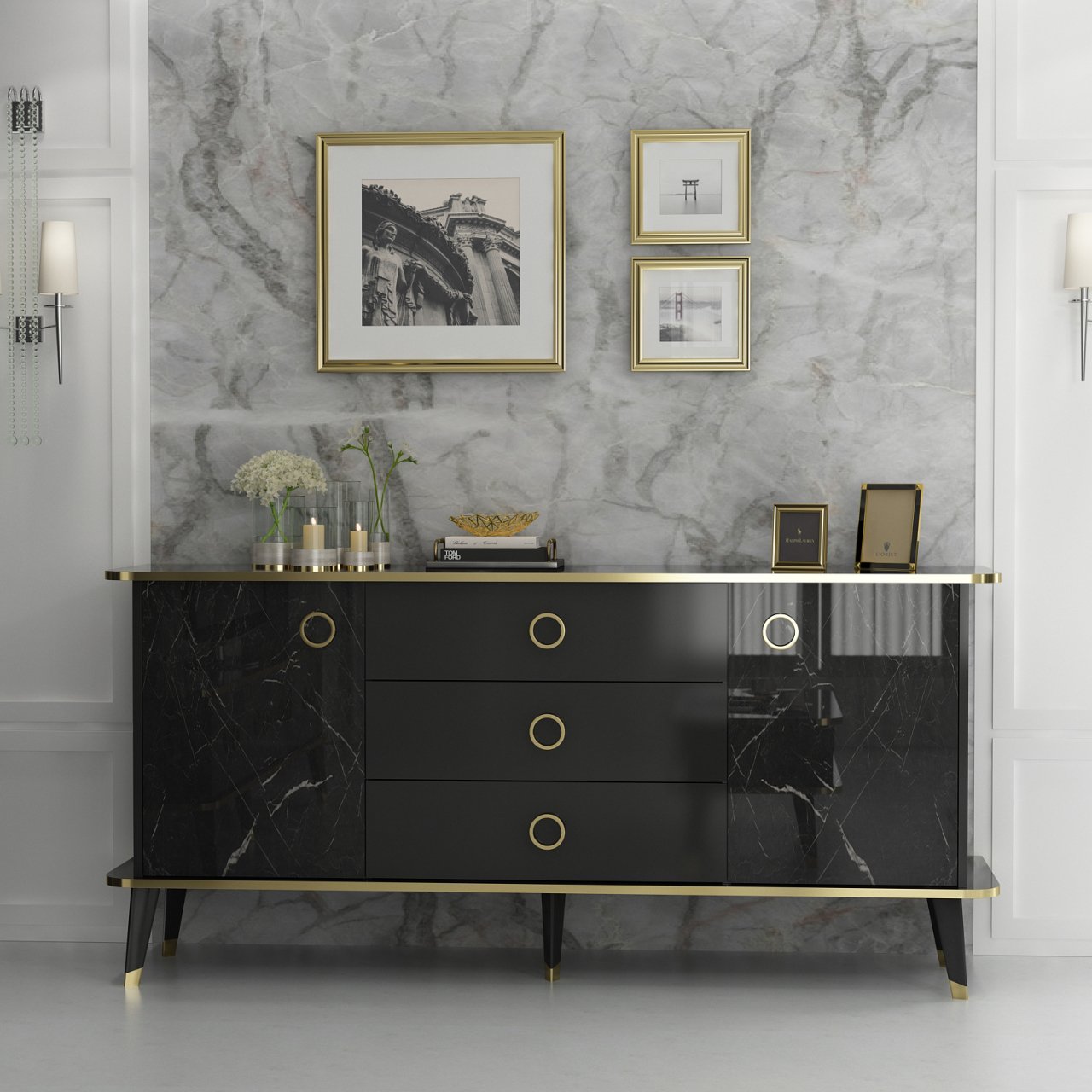 Bien Modern Console Gold - Gloss Black / Royal Marble