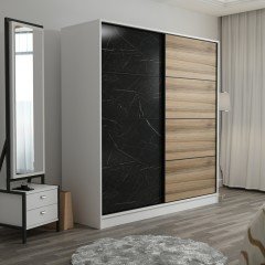 Mina Fortress 2 Lid Mirror Sliding Wardrobe 180 Cm - White / Royal Marble / Dora