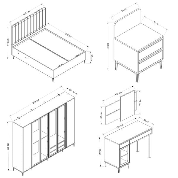 Elevate Set 5  (Baza+6K Dlp+2 Komodın+Makyaj) Siyah Ahşap