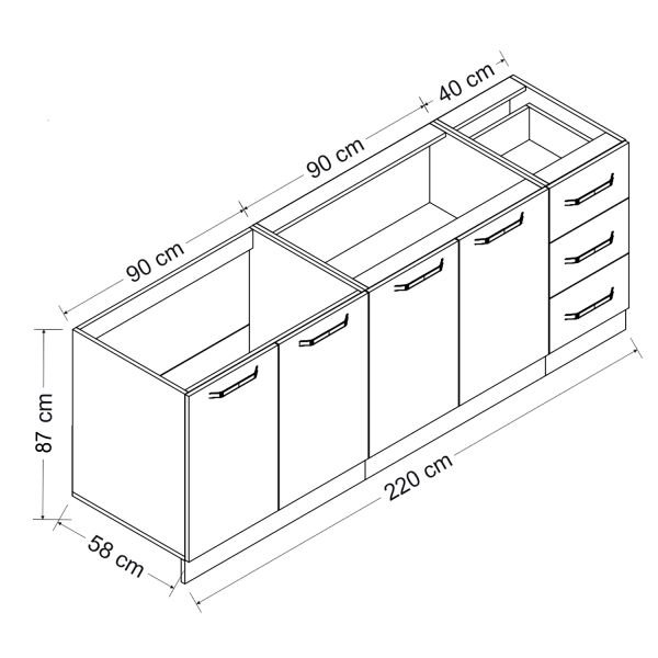 Minar 220 Cm White Kitchen Cabinet Anthracite 220-A3-Sub Module