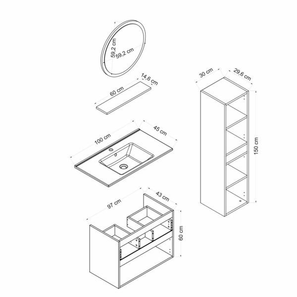 Minar Banyo Dolabı 100Cm As2K1Ç+1Ya1R+Etj+Boy Beyaz