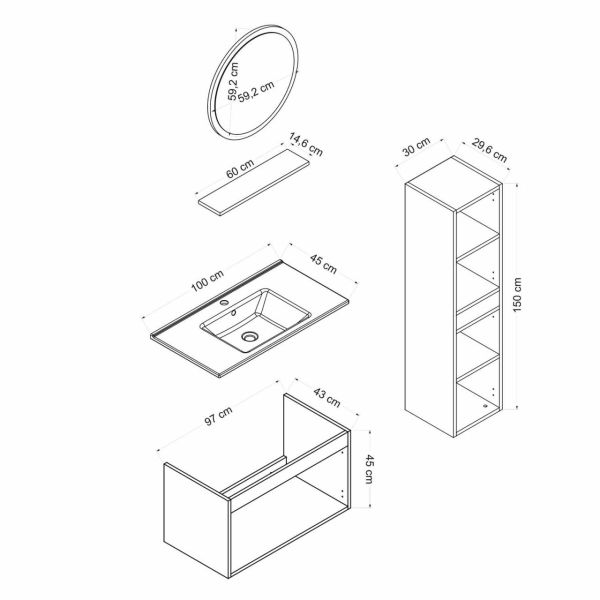 Minar Bathroom Cabinet 100Cm As2K+1Ya1R+Etj+Length White