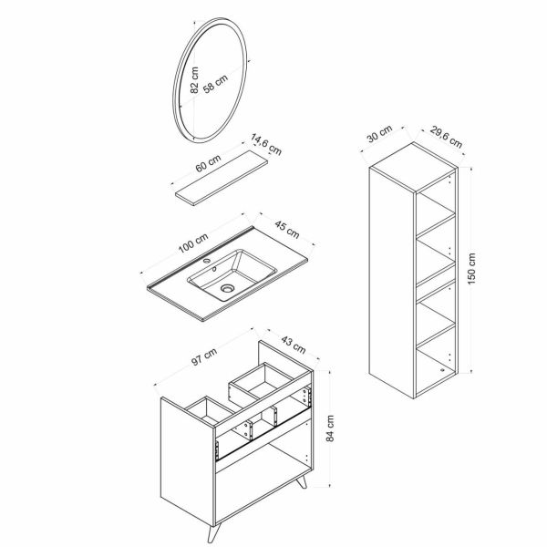 Minar Bathroom Cabinet 100Cm Ay2K1Ç+1Ea1R+Etj+Length White