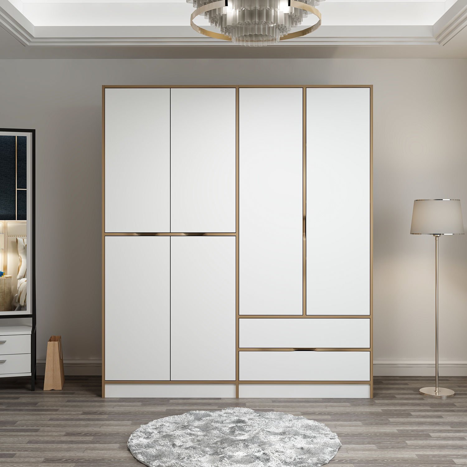 Elina Wardrobe with 4 Doors - Gold/White