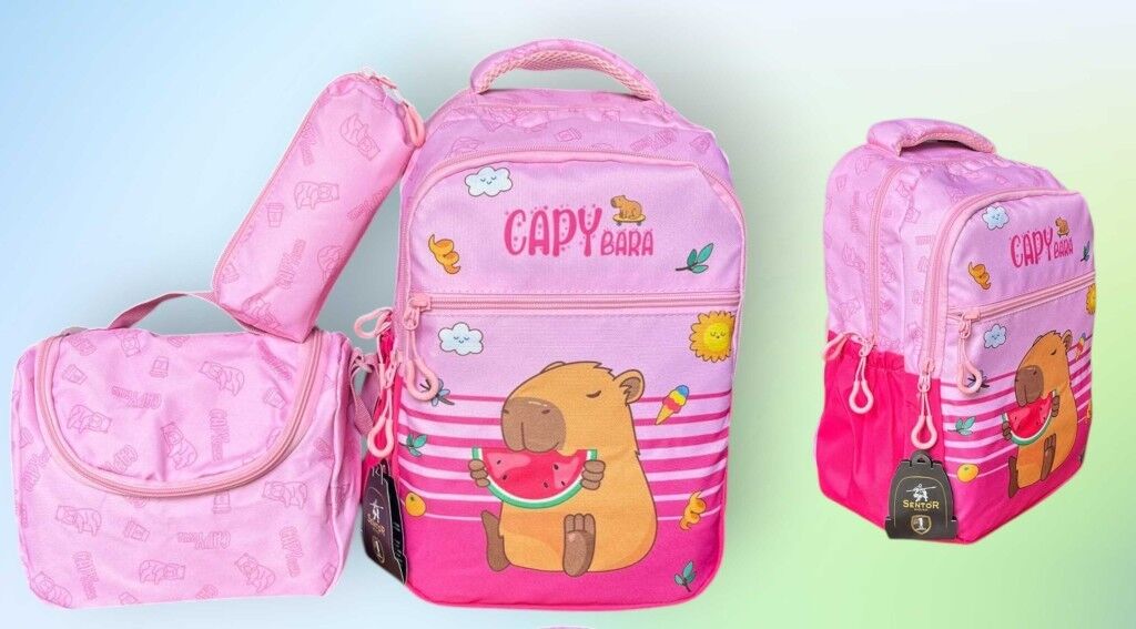 Sentor Pembe Capybara İlkokul Çantası + Beslenme Çantası + Kalemlik (3 Parça)