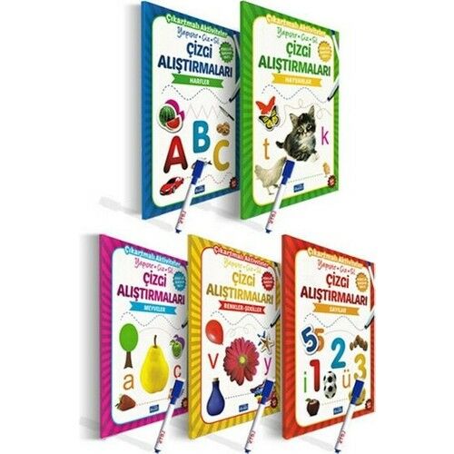 Çizgi Alıştırmaları Seti 5 Kitap + Yaz Sil Kalem (Hayvanlar+Sayılar+Harfler+Renkler+Meyveler)
