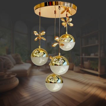 Şeker 4lü Ledli Altın Sarkıt Avize