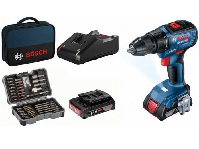 Bosch GSR 18V-50 (2x2Ah) Çift Akülü Delme/Vidalama (BEZ ÇANTALI) + 43Pc Vidalama Seti - 06019H5004
