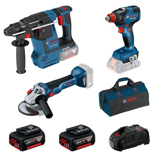 Bosch GBH 18V-26 + GDX 18V-200 + GWS 18V-10 (3lü Set) + Bez Çanta + 2X5Ah Akülü Set - 0615990N21