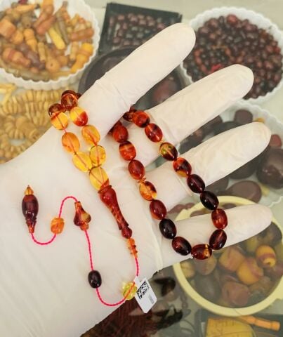 USTA İŞÇİLİK SIFIR DELİM SARI - KIRMIZI  SIKMA KEHRİBAR TESBİH
