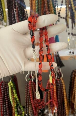 ATEŞ KEHRİBAR KALEM İŞÇİLİKLİ KAPSÜL MODEL TESBİH