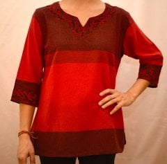 Kırmızı, Bordo Kombinasyonlu, İşlemeli %100 Pamuklu Kadın Bluz- XL Beden